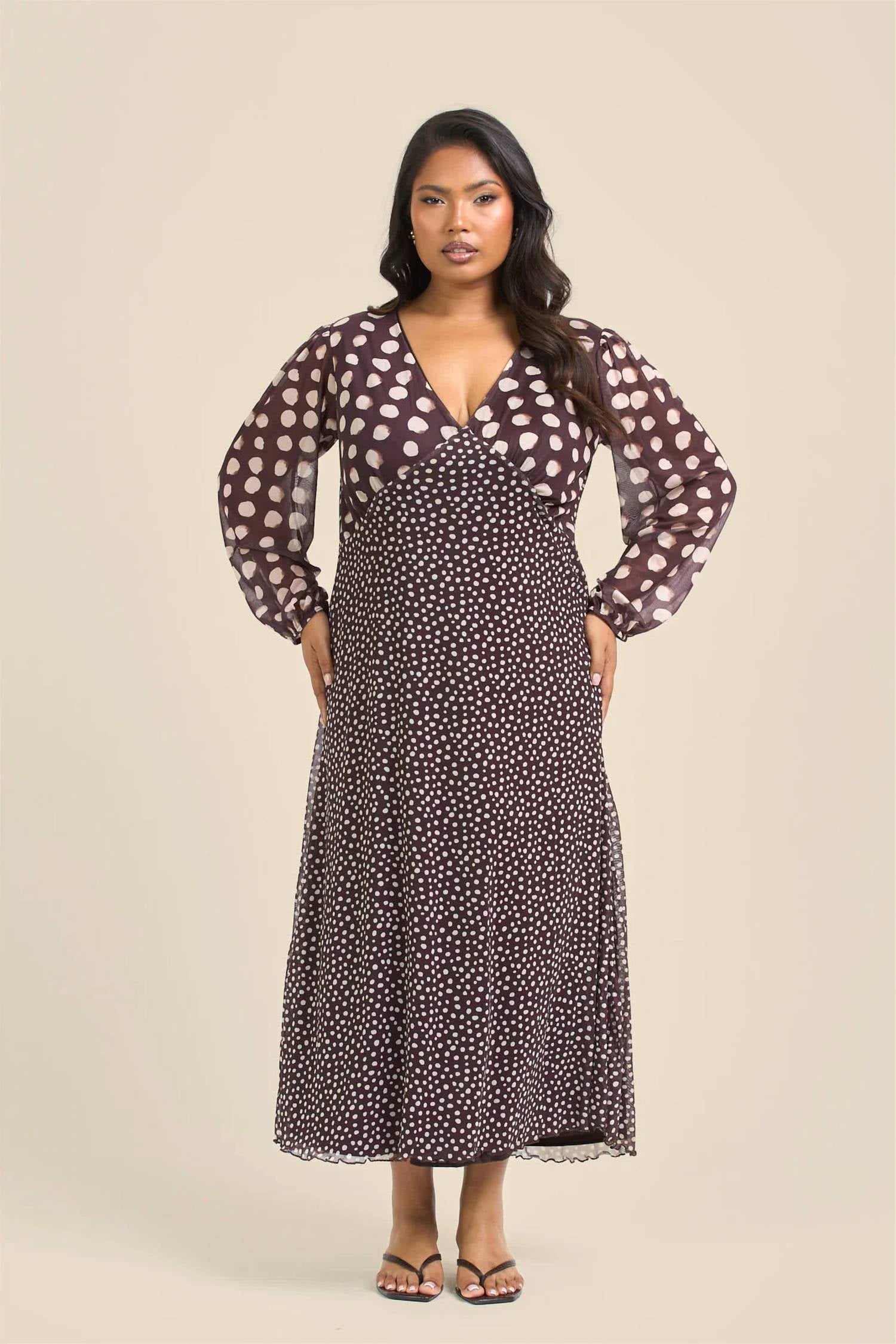 Fashion Szn Curve - Polka Dot Mesh Long Sleeve Dress - Plus Size