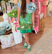 Queen Of Sparkles - Easter Bunnies & Eggs In Yard Scene Knit Short Sleeve Dress