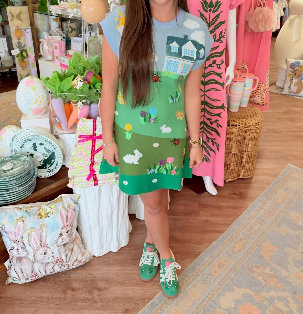 Queen Of Sparkles - Easter Bunnies & Eggs In Yard Scene Knit Short Sleeve Dress