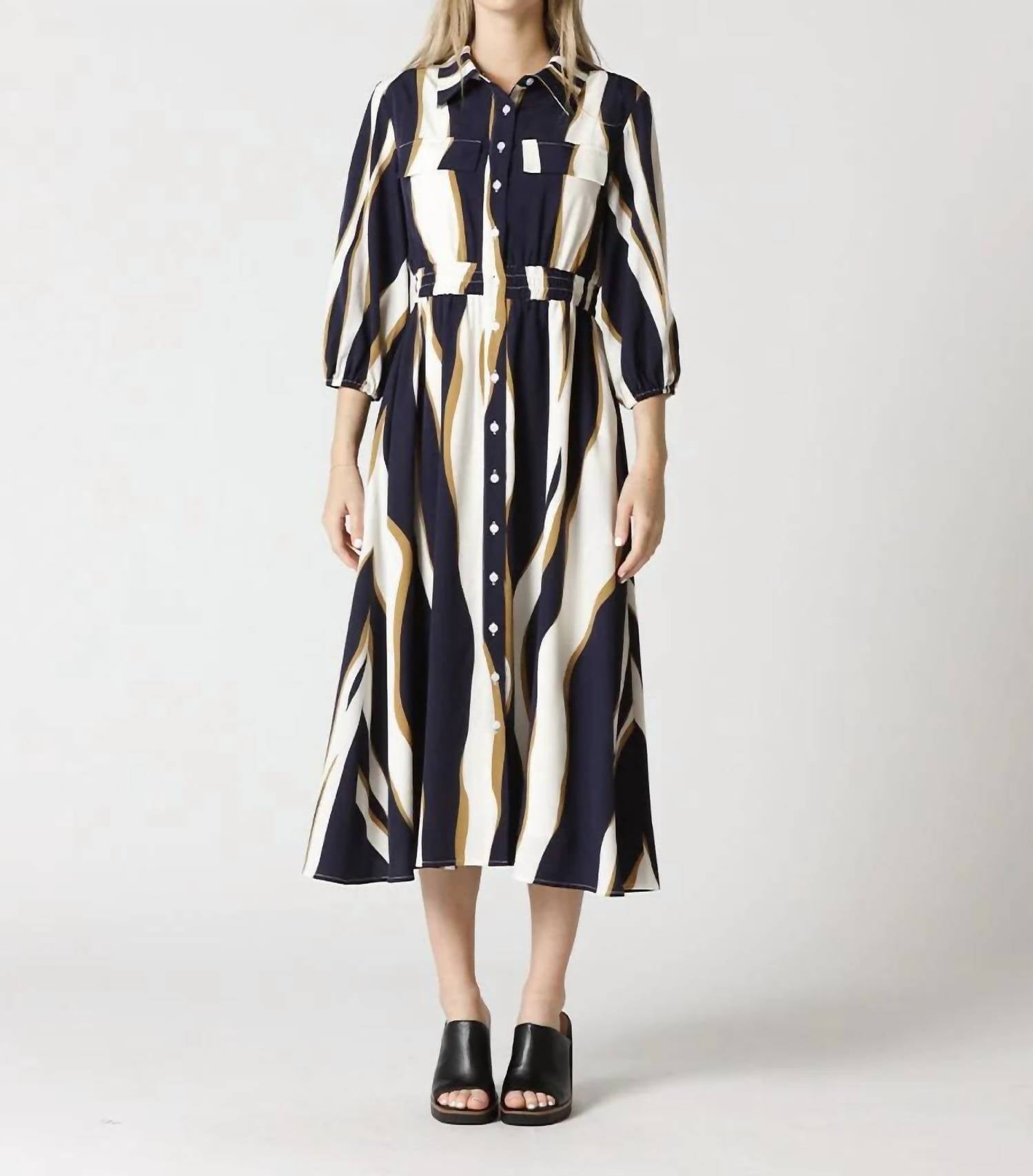 Gracia - Wavy Abstract Front Button Down Shirt Dress