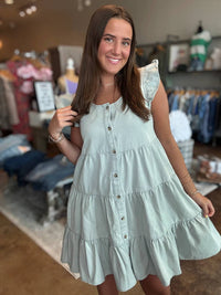 She + Sky - Ruffle Sleeve Button Down Twill Dress