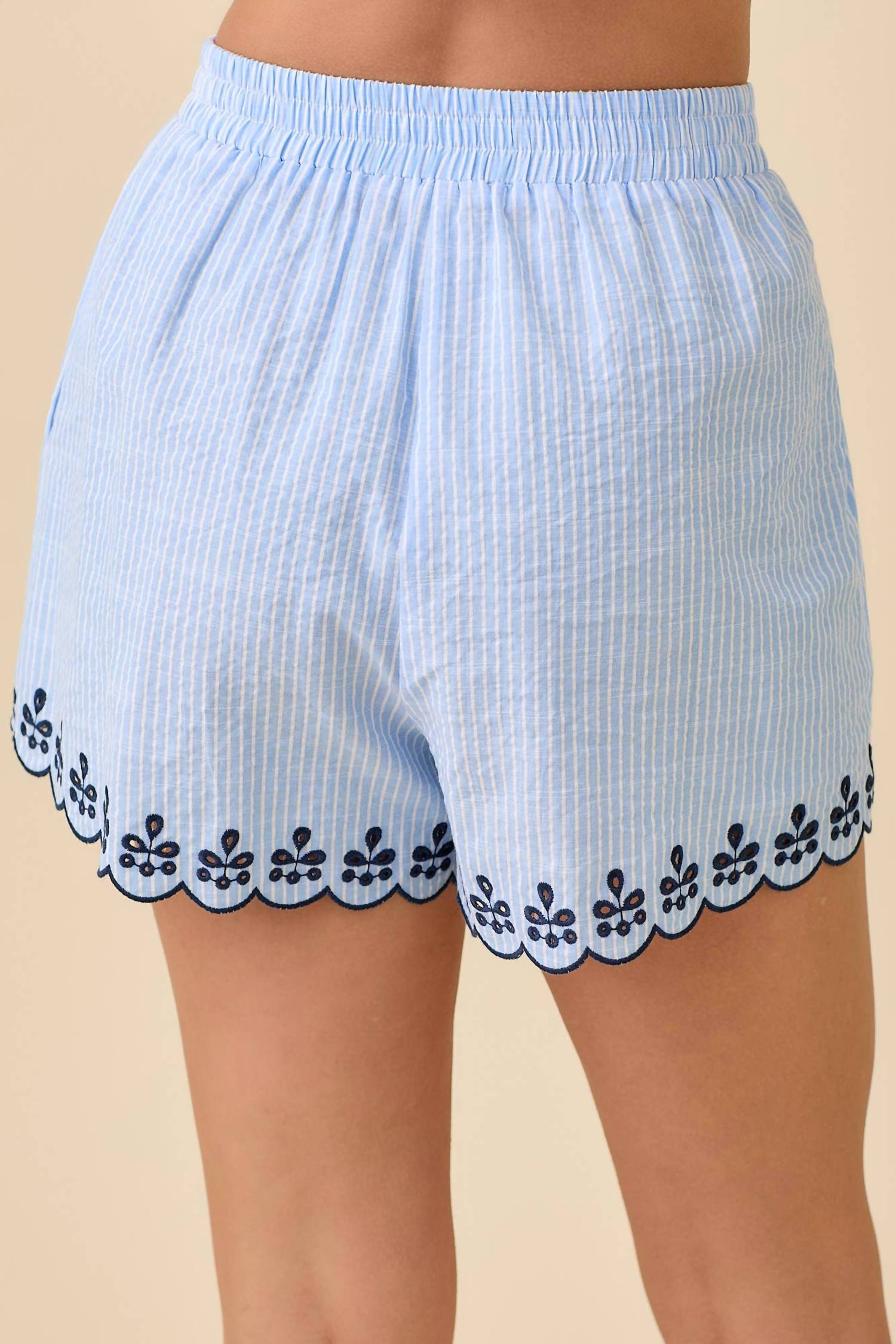 Main Strip - Deena Striped Shorts With Scallop Embroidered Hem Detail