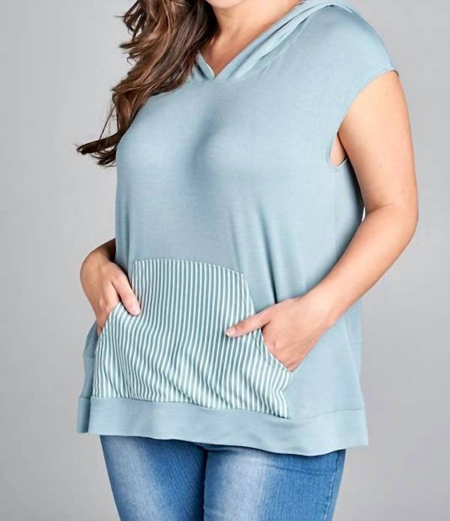Emerald Collection Mini Sleeve Casual Hoodie Top - Plus in dusty blue - women's top - view 4