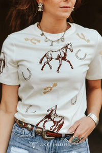 Lucky & Blessed - Western Horseshoe Spur Embroidered Shirt
