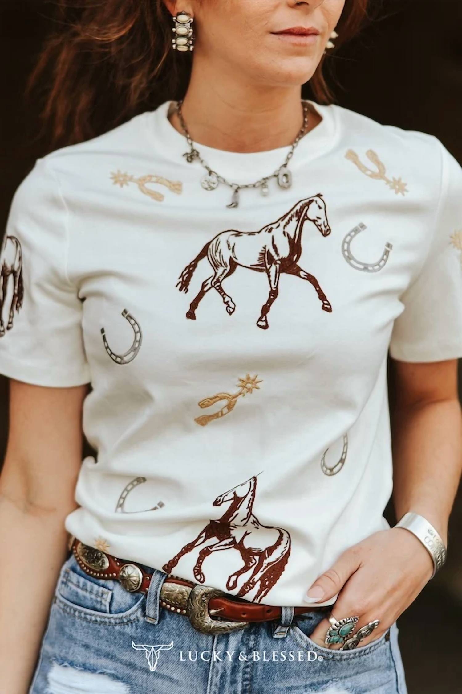 Lucky & Blessed - Western Horseshoe Spur Embroidered Shirt