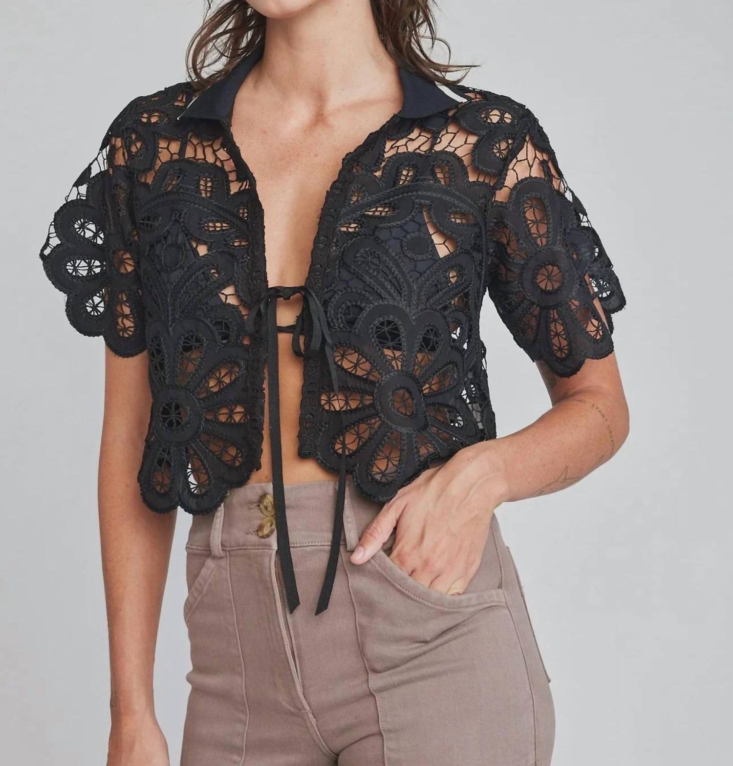Self Contrast - Emaline Open Tie Crop Shirt