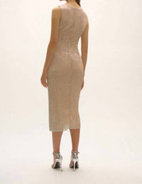 Joseph Ribkoff Foiled Asymmetric Draped Neckline Dress in quartz silver - women's dress - alternate view