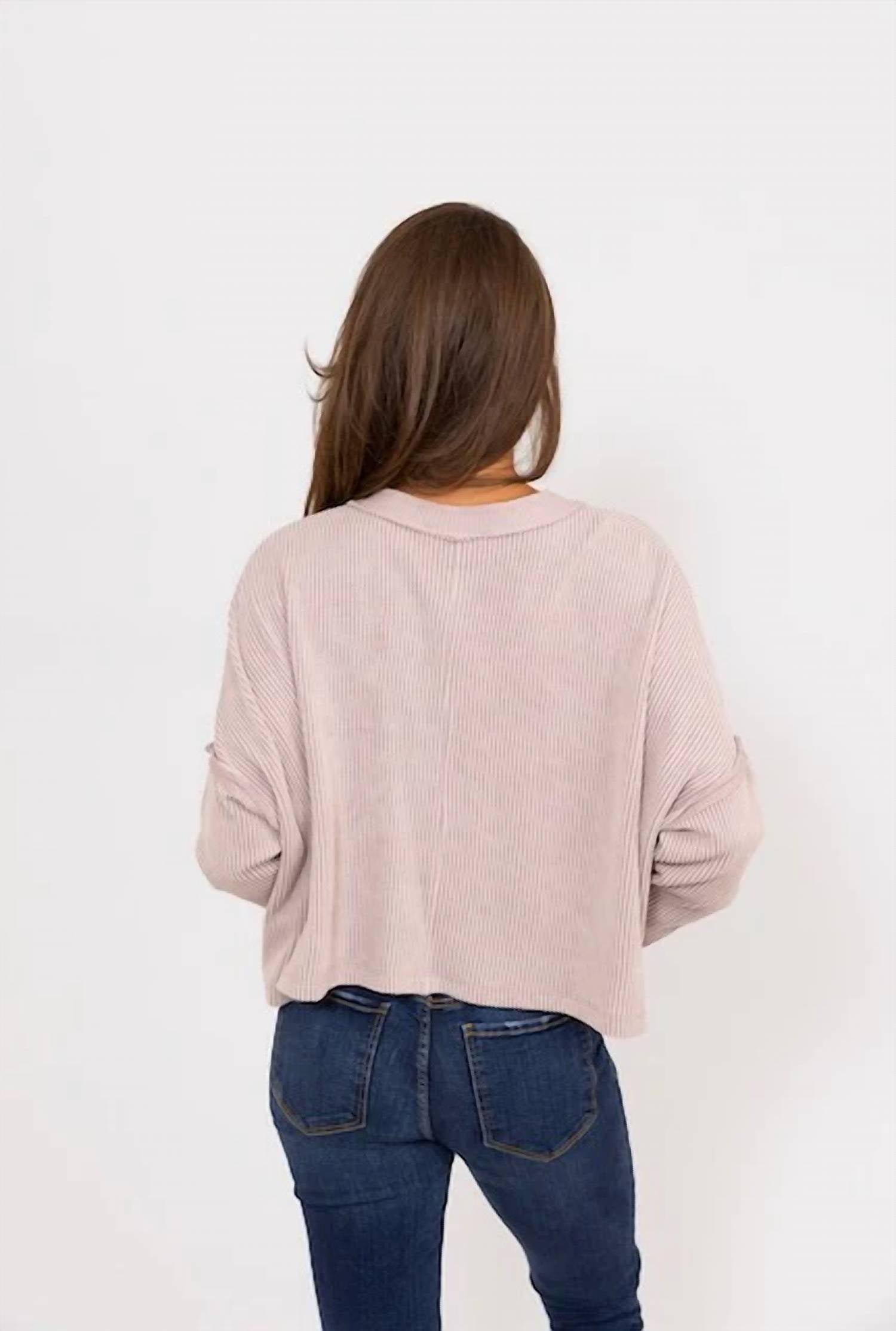 Karlie - Ribbed V-neck Center Seam Cozy Sweatshirt Top
