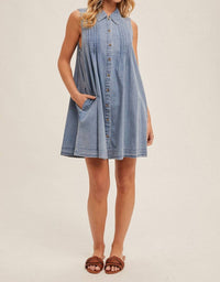 Hem & Thread - Pleat Detail Collared Button Down Tencel Swing Dress