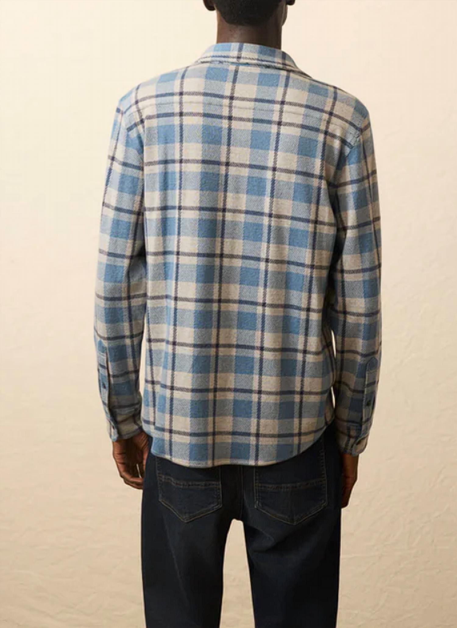 Faherty Legend Sweater Shirt Top in overcast ocean plaid - men's long sleeve top - detail view