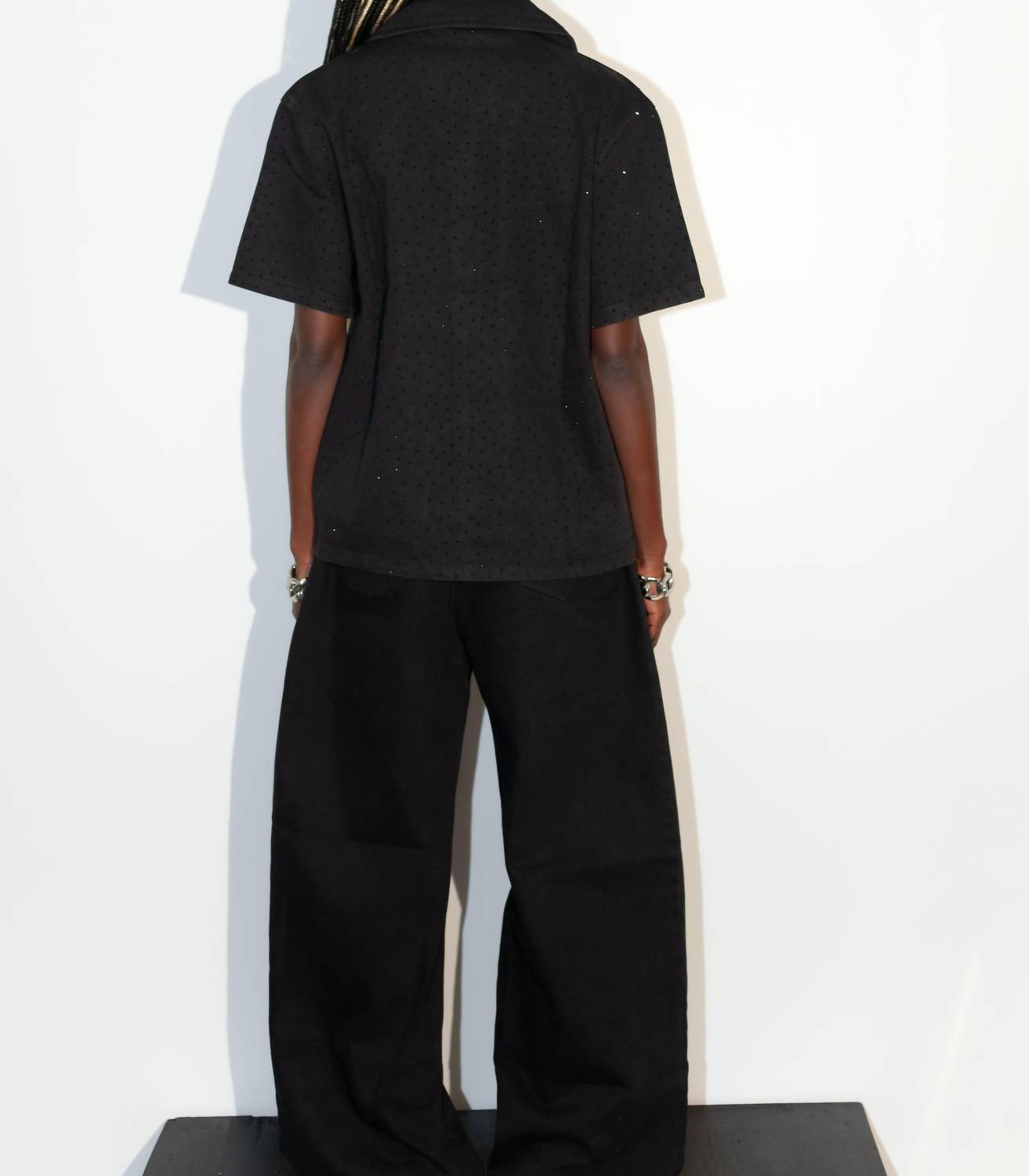 knotWTR Crystal Denim Short Sleeve Shirt in black - women's shirt - detail view