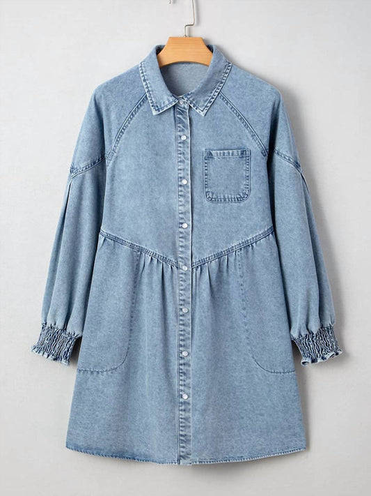 Lovesoft - Smocked Cuffs Flared Denim Shirt Mini Dress
