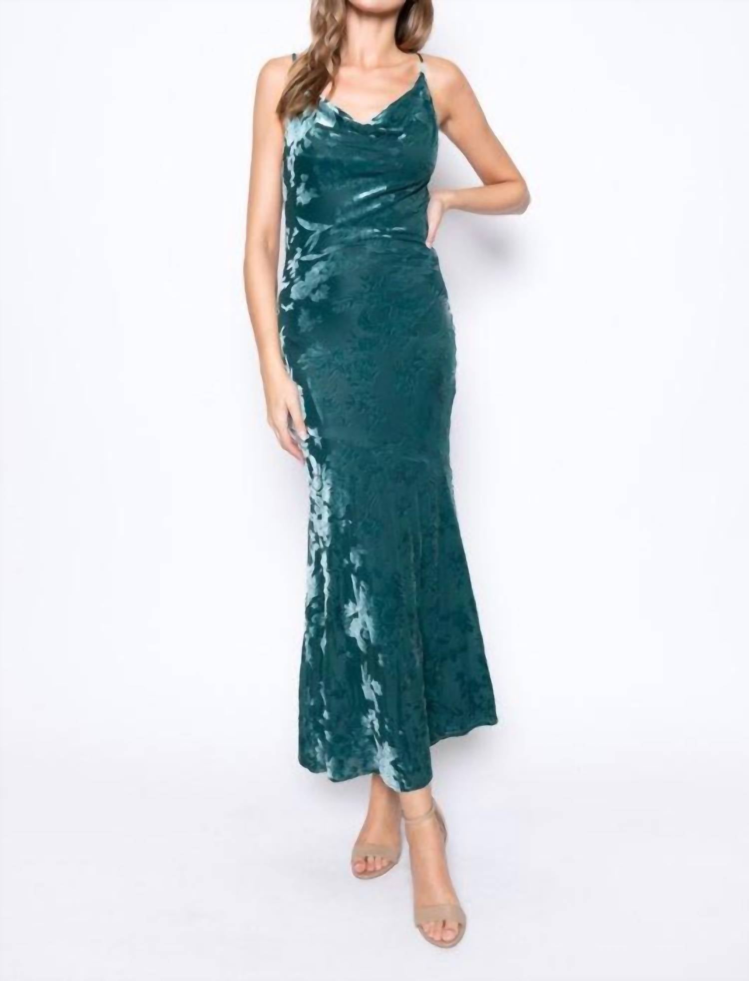 Fore Collection Autumn Burn Out Velvet Maxi Bias Cut Mesh Cowl Neck Dress in teal - women's dress - detail view