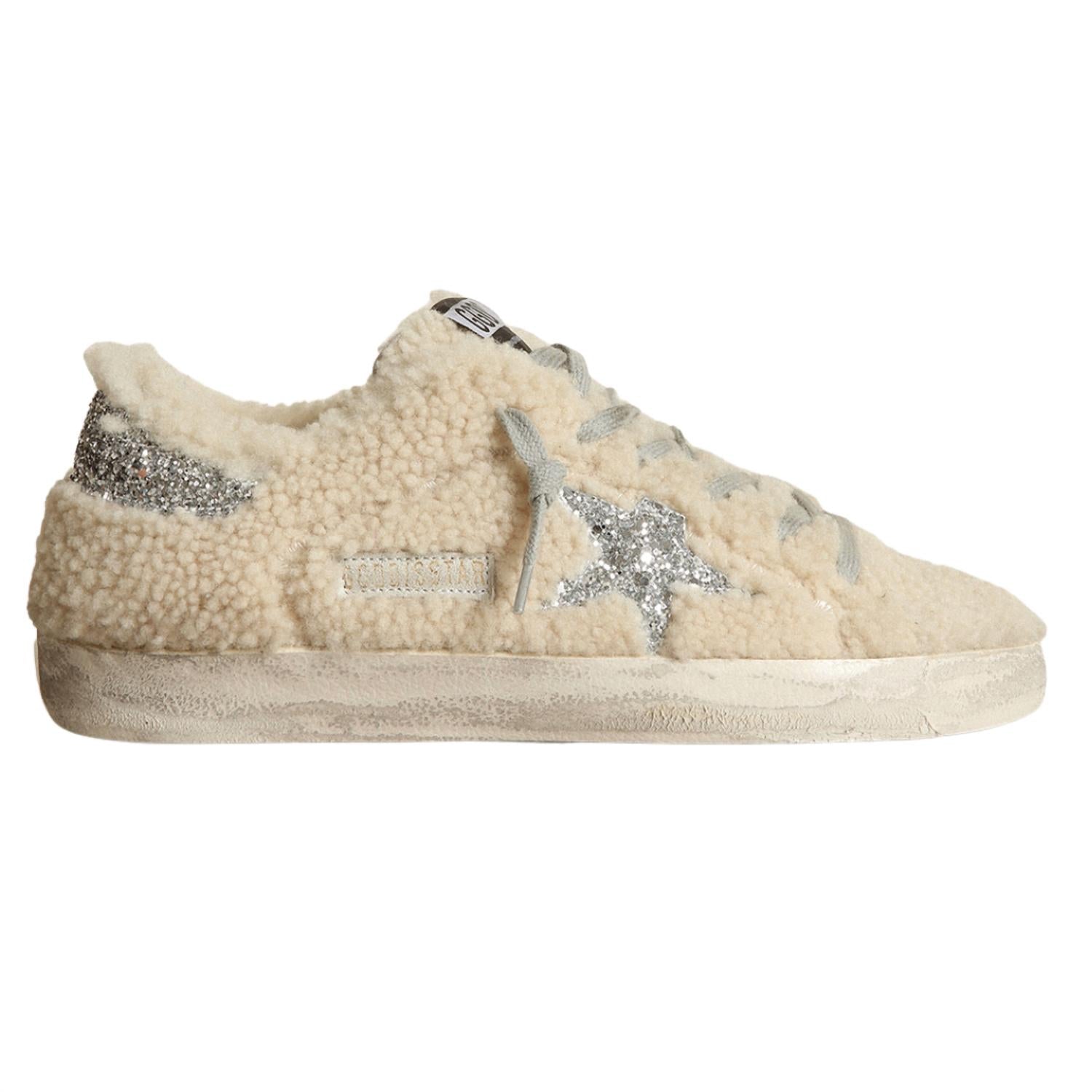 GOLDEN GOOSE Women's Super Star Shearling Sneakers in beige silver - women's sneaker