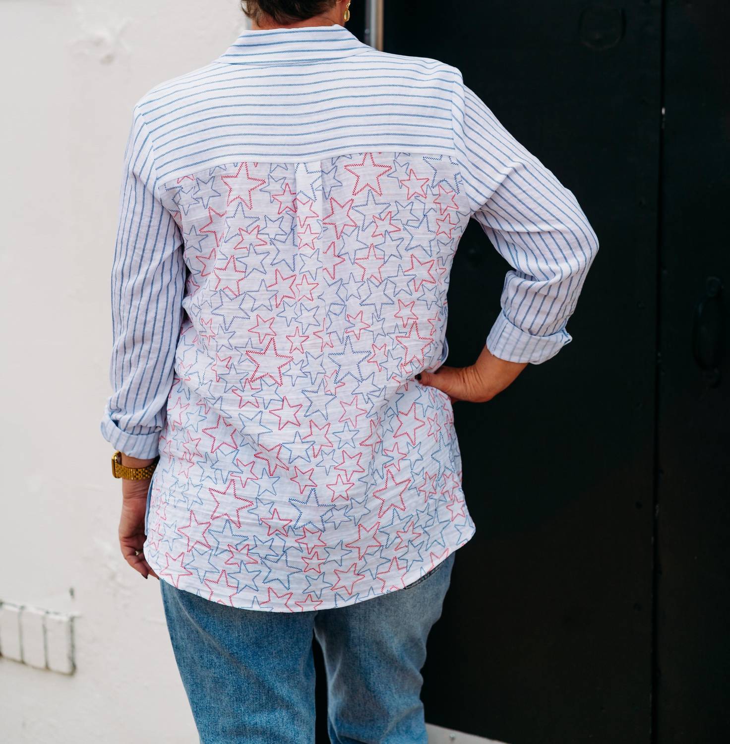 Multiples - Roll Tab Button Front Crinkle Woven Shirt