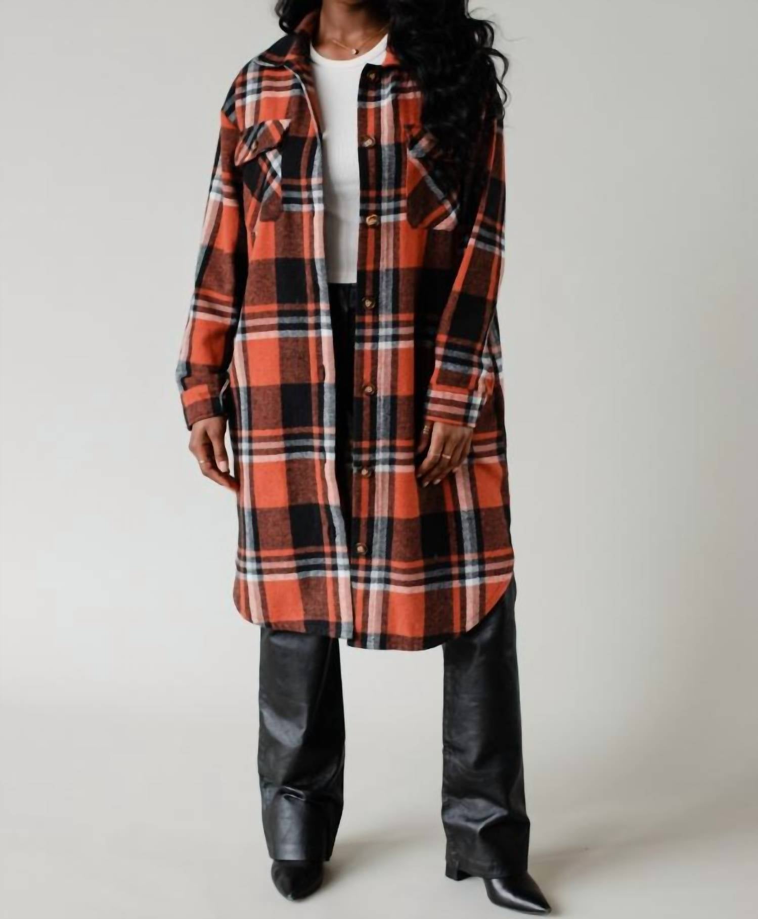 Panache Apparel Selina Long Flannel Shirt in rust multicolor - women's shirt