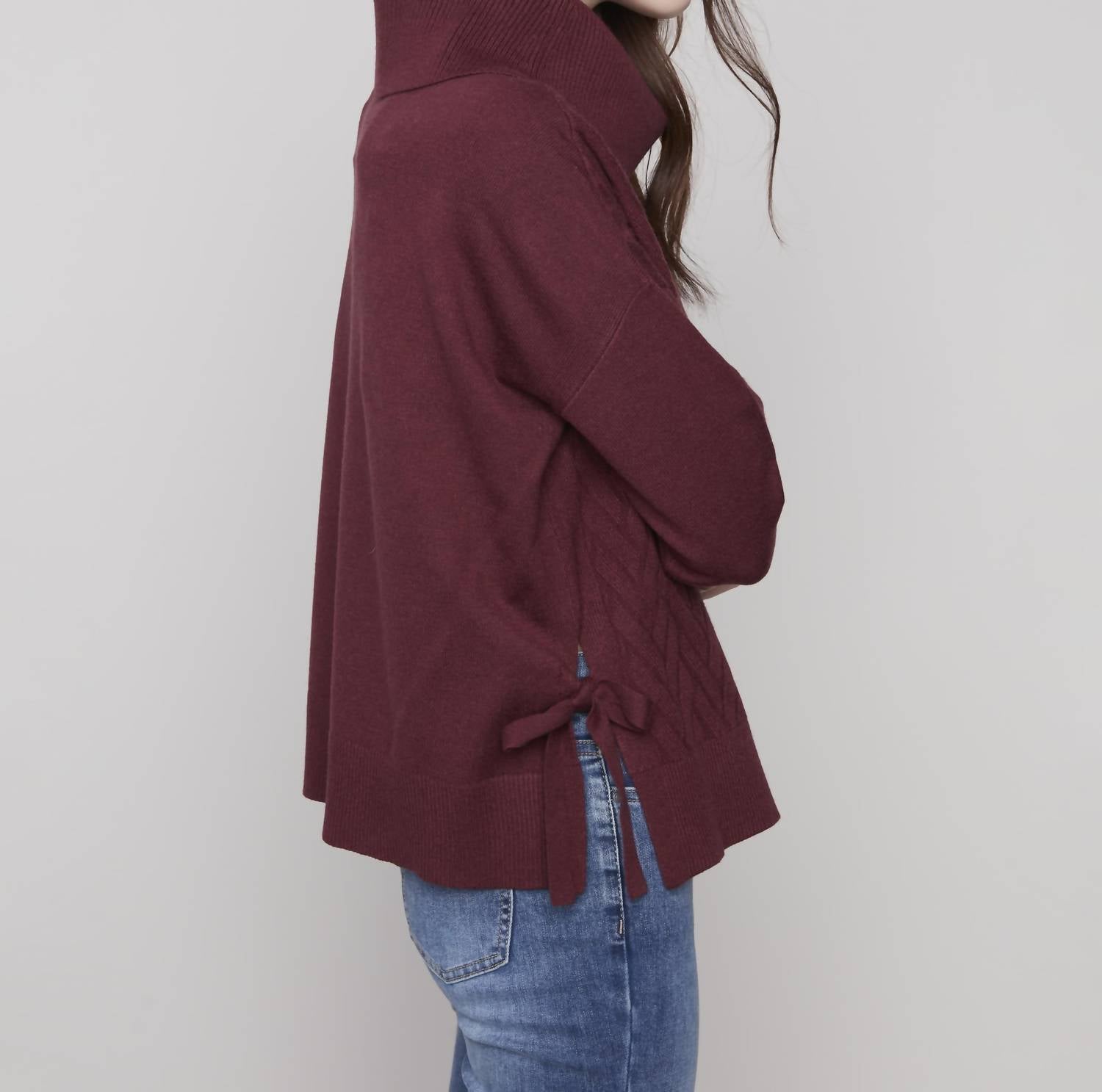 Charlie B - Cowl Neck Sweater With Side Slit And Tie Details