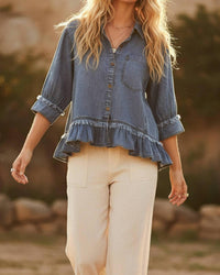 Sewn and Seen Tencel Ruffle Hem Shirt in mineral washed - women's shirt