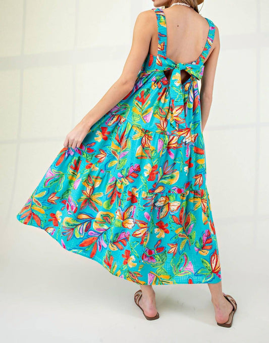 Easel - Tropical Print Flowy Bow Back Maxi Dress