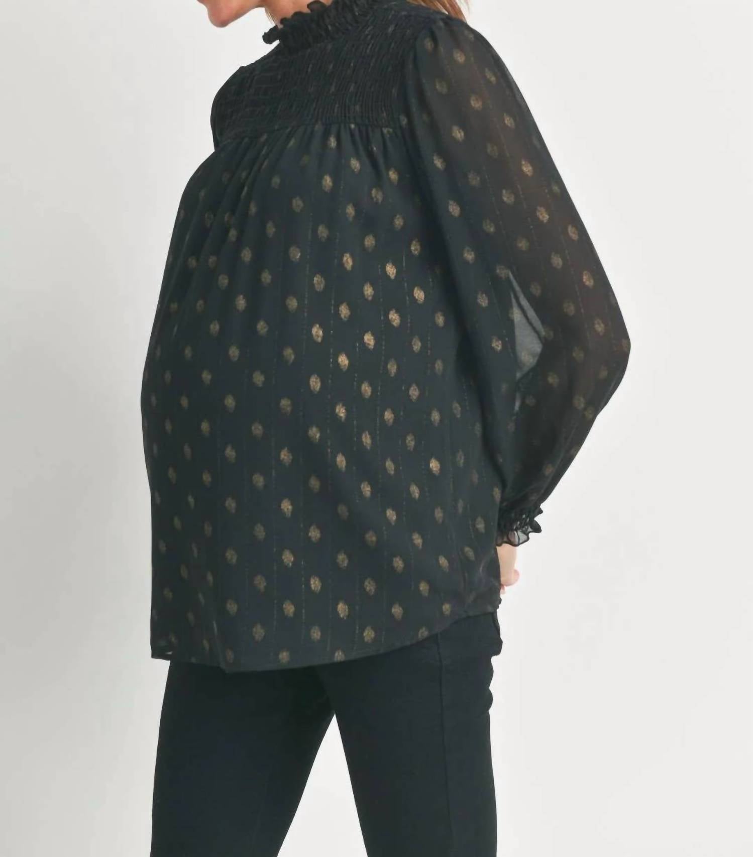 Hello Miz - Smocked Mock Neck Polka Dot Maternity Top
