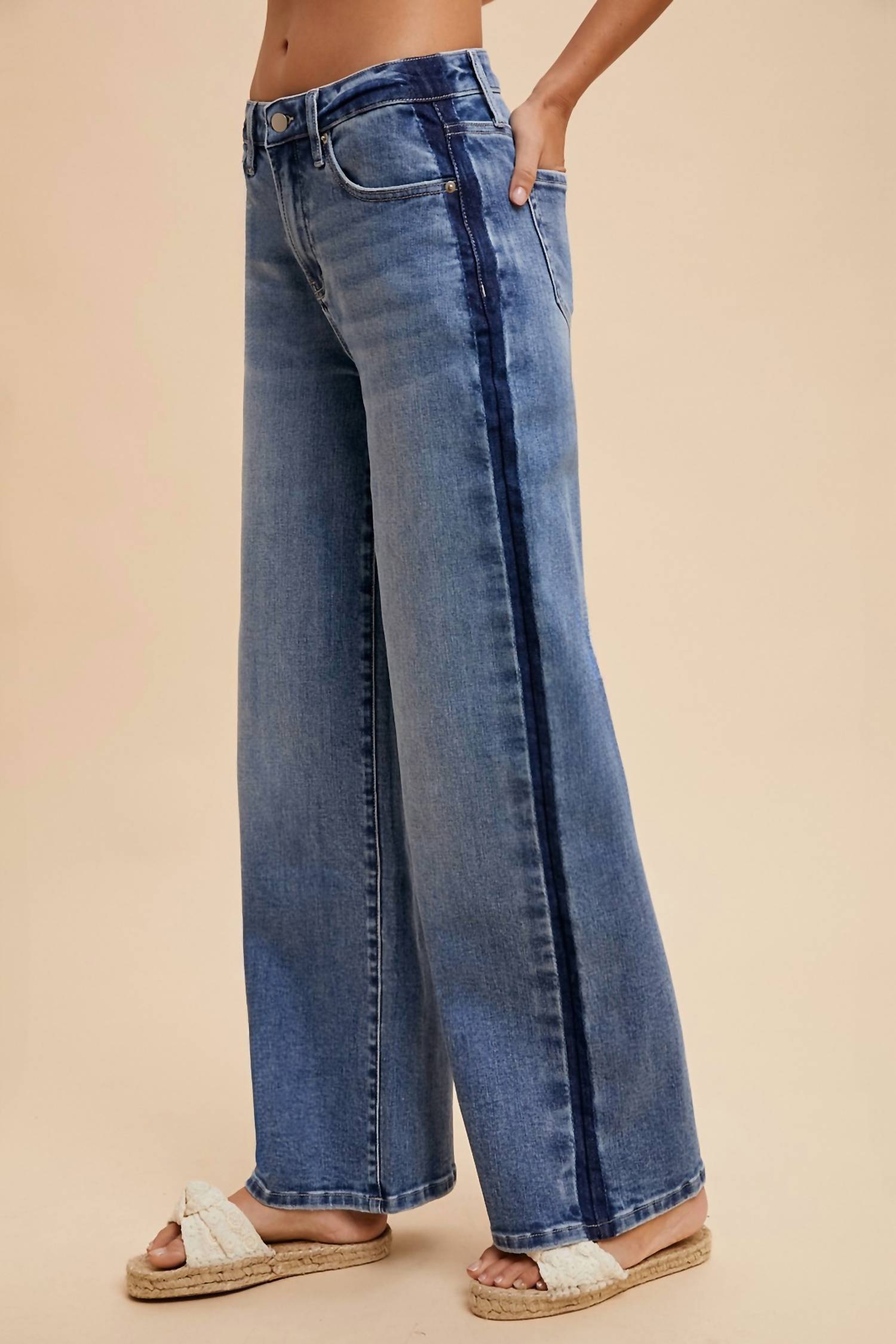 AnnieWear Stretch Side Stripe High Rise Baggy Straight Leg Jean in medium blue - women's jeans