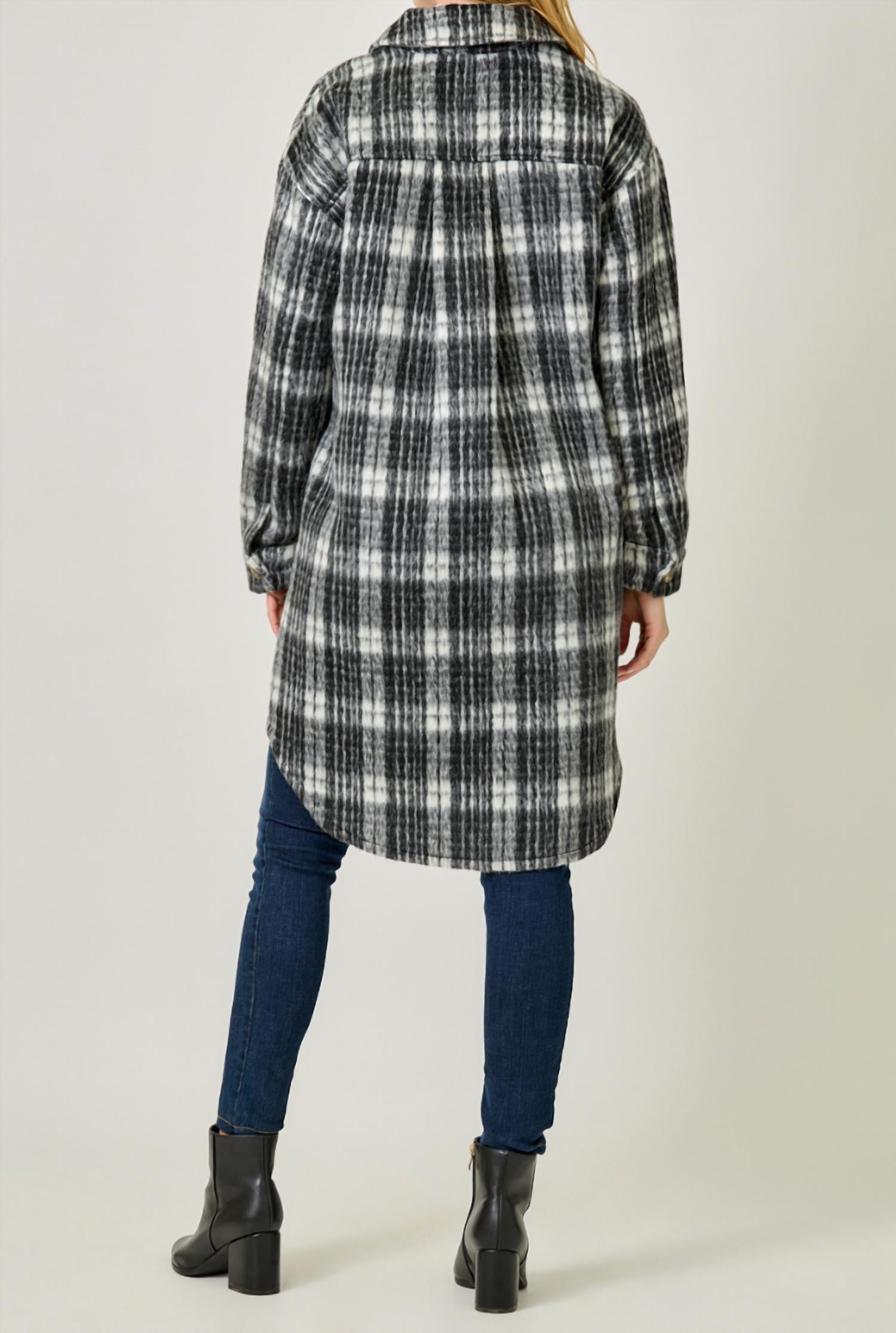 mystree Fringe Placket Detail Plaid Long Jacket in black - women's jacket - alternate view