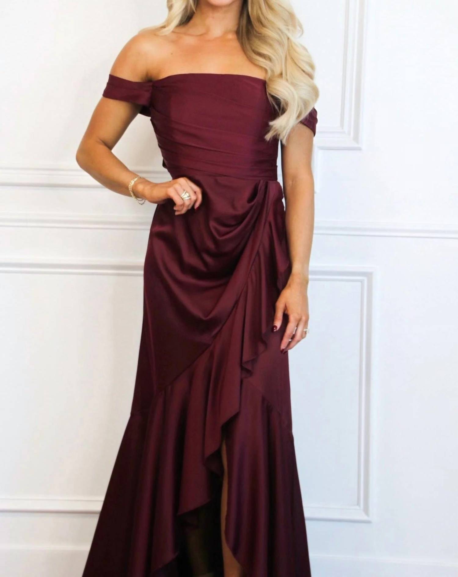 Maniju - Renna Off Shoulder Satin Ruffle Maxi Dress