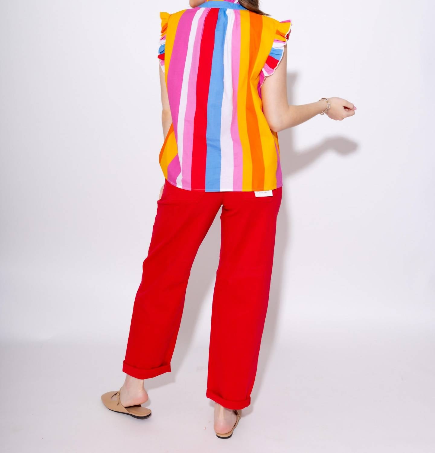 THML Color Pop Stripe Flutter Sleeve Top in sunset - women's blouse - detail view