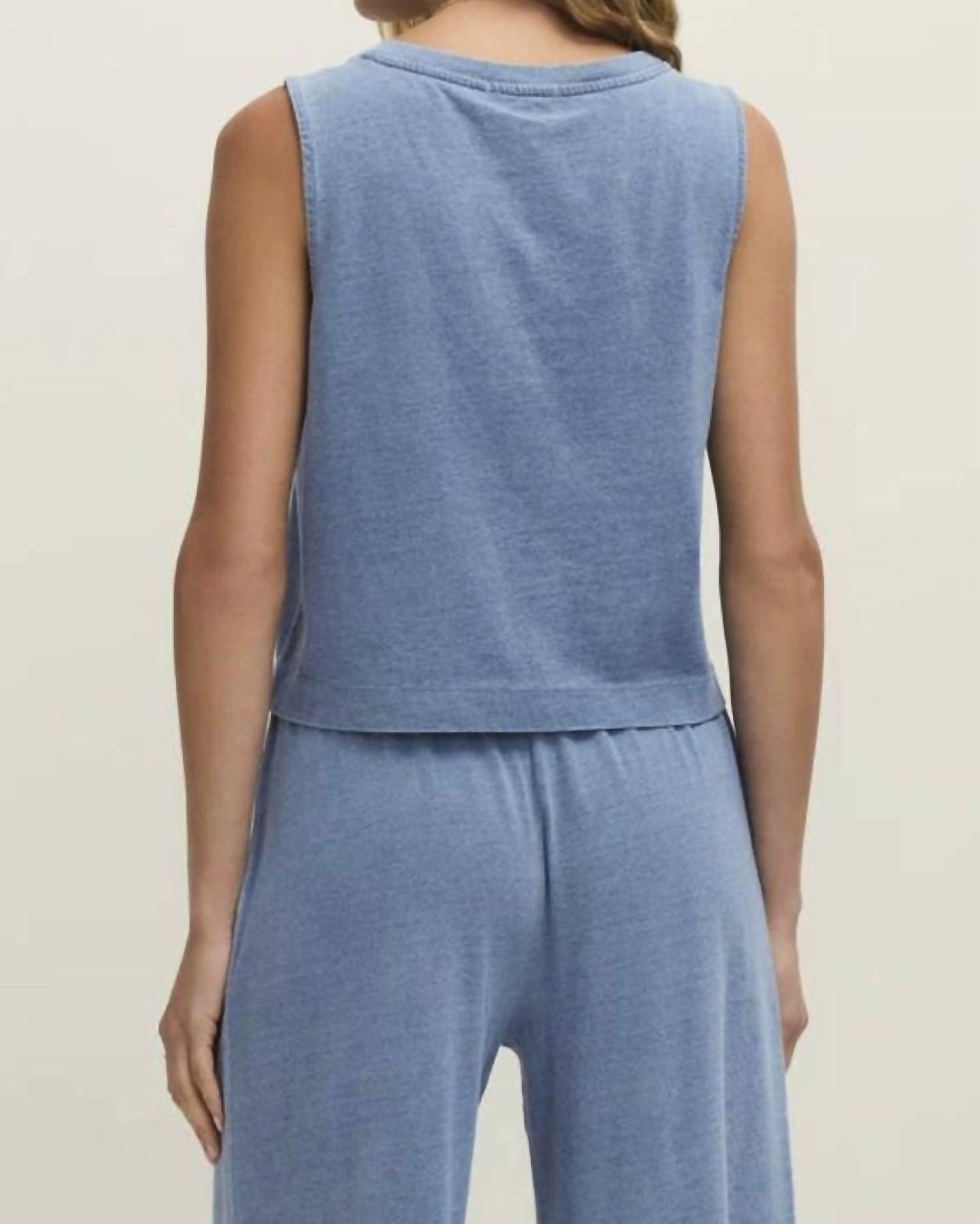 Z Supply Sloane V-neck Jersey Denim Top in santorini indigo 1 - women's tank top - detail view