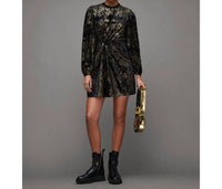 Allsaints - Jemima Star Dress Velvet Metallic Gold Printed