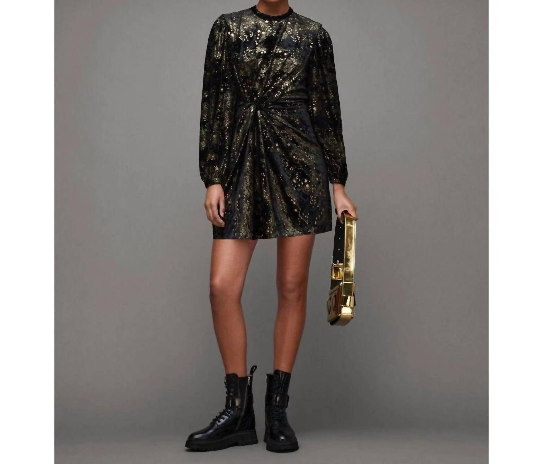 Allsaints - Jemima Star Dress Velvet Metallic Gold Printed