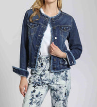 Apny - Collarless Jean Jacket With Frayed Detail