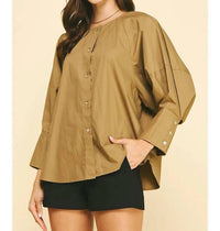 PINCH Chloe Button Down Top in khaki - women's long sleeve top - alternate view