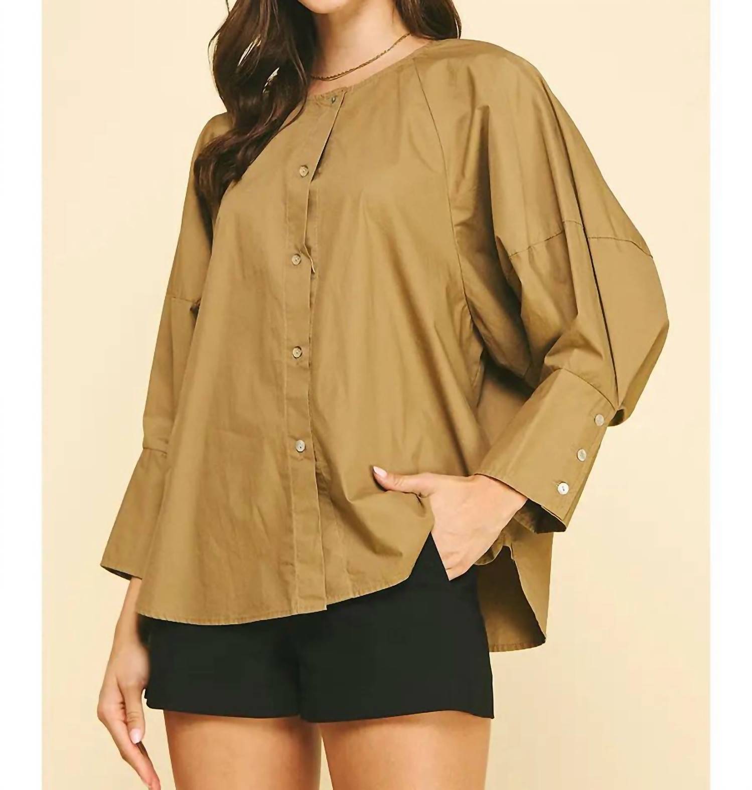 PINCH Chloe Button Down Top in khaki - women's long sleeve top - alternate view