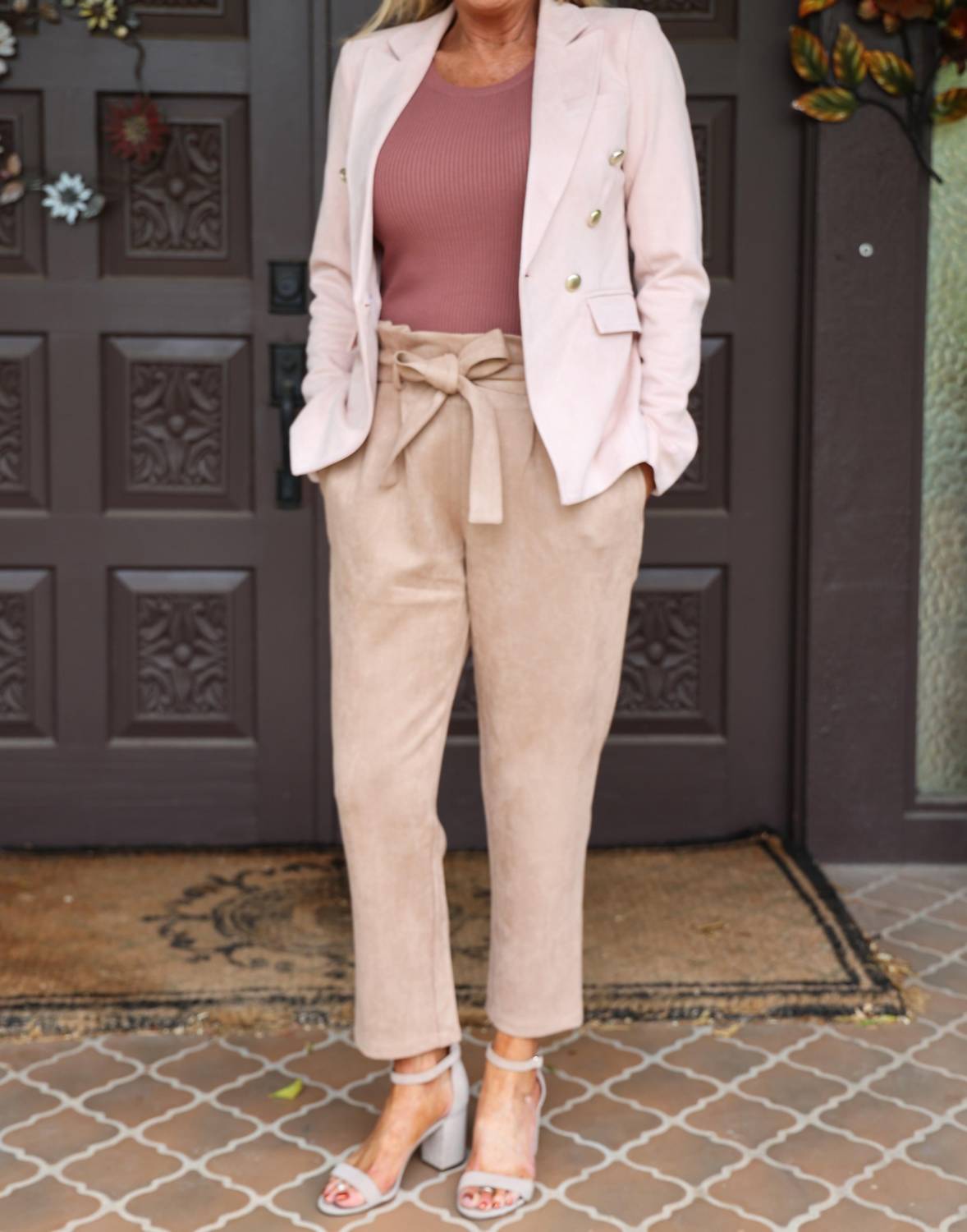 Faux Suede Paper Bag Waist Pant With Tie
