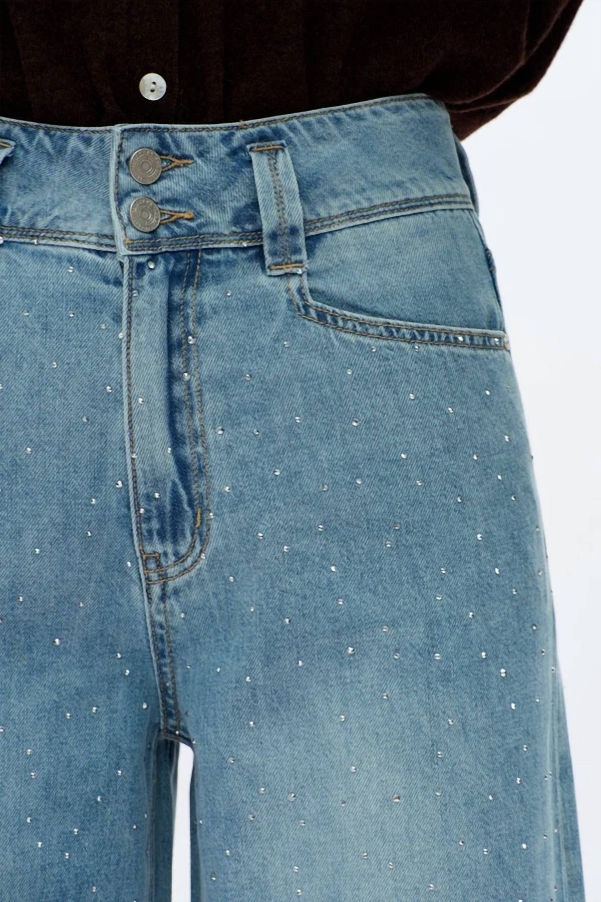 Bayeas - Super High Rise Rhinestone Wide Leg Jeans