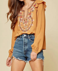 ANDREE BY UNIT Ruffle Embroidered Blouse in marigold - women's blouse - alternate view