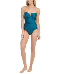 CALVIN KLEIN Shirred Tummy Control Split Cup Bandeau One Piece Swimsuit in cypress shimmer - women's swimwear - view 5