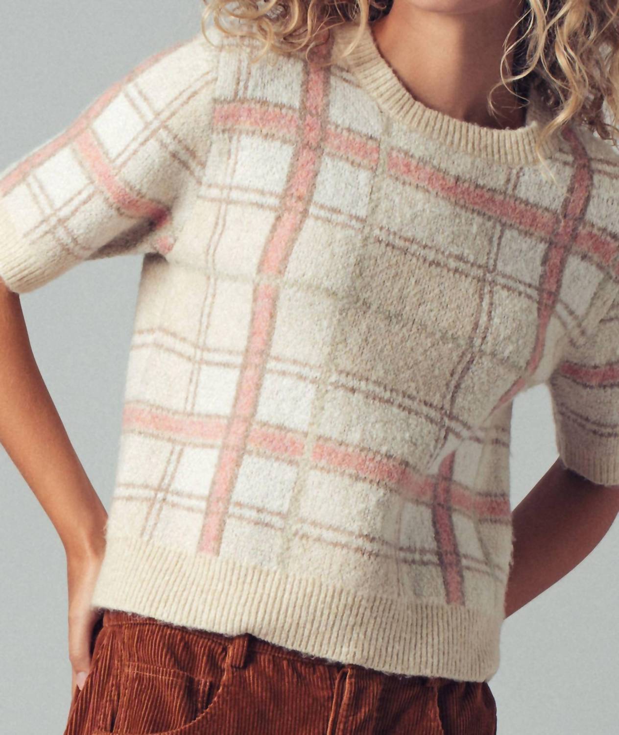 Urban Daizy Plaid Short Sleeve Knit Sweater Top in ivory - women's sweater - view 4