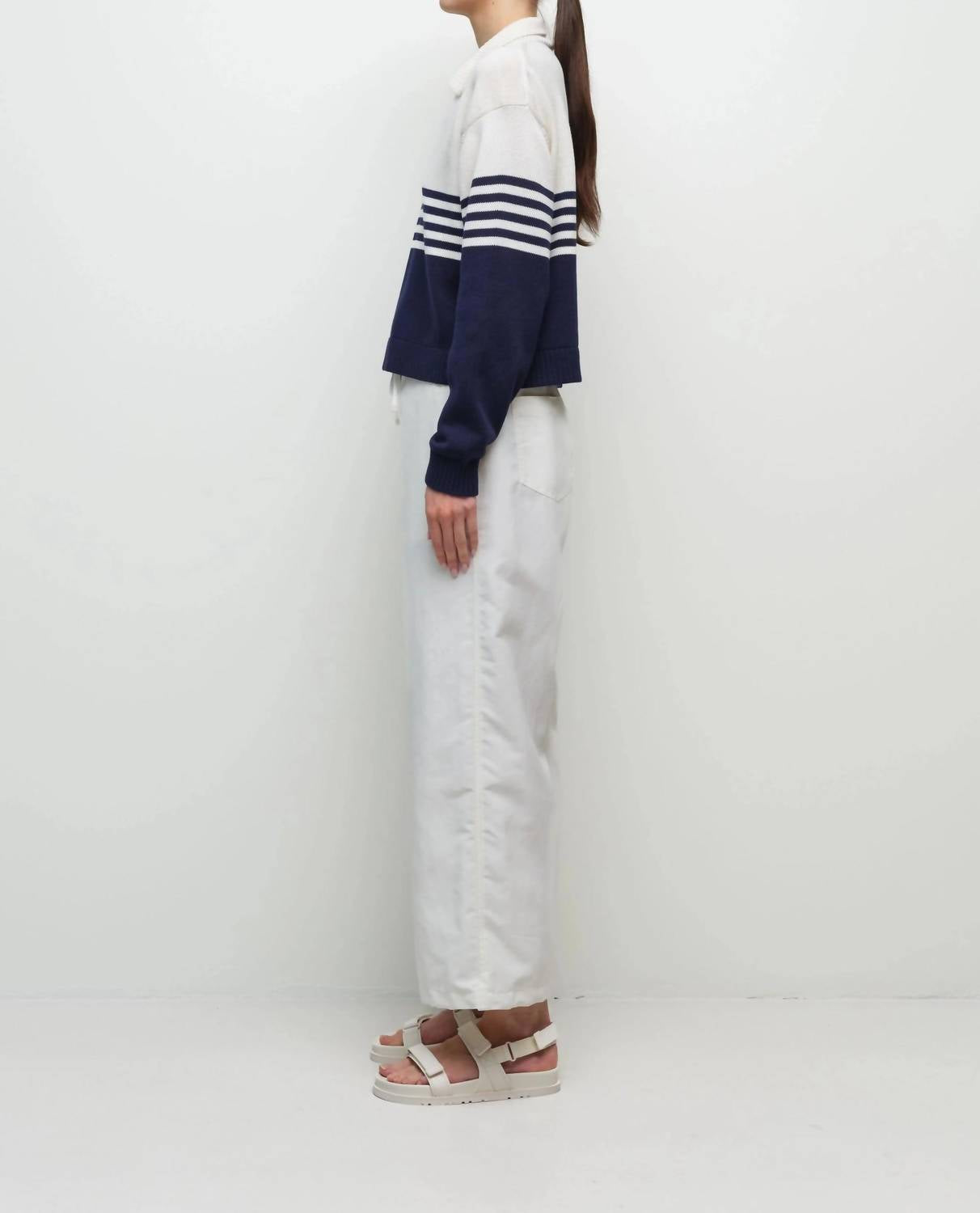 SIMKHAI Jules Knit Polo in midnight stripe - women's long sleeve top - detail view