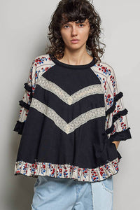 Pol - Boho Mixed Print Floral Sleeve Lace Panel Top