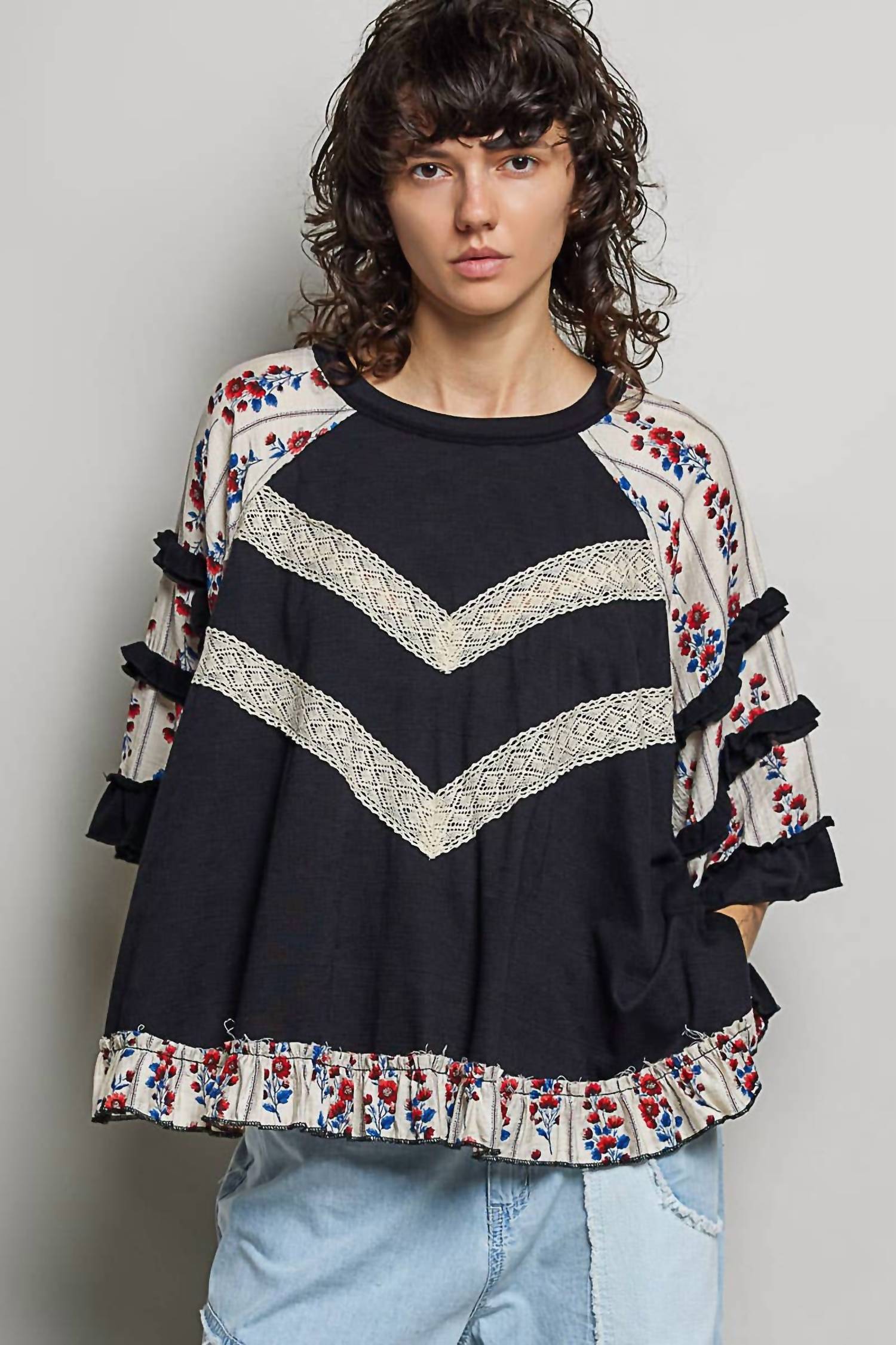 Pol - Boho Mixed Print Floral Sleeve Lace Panel Top