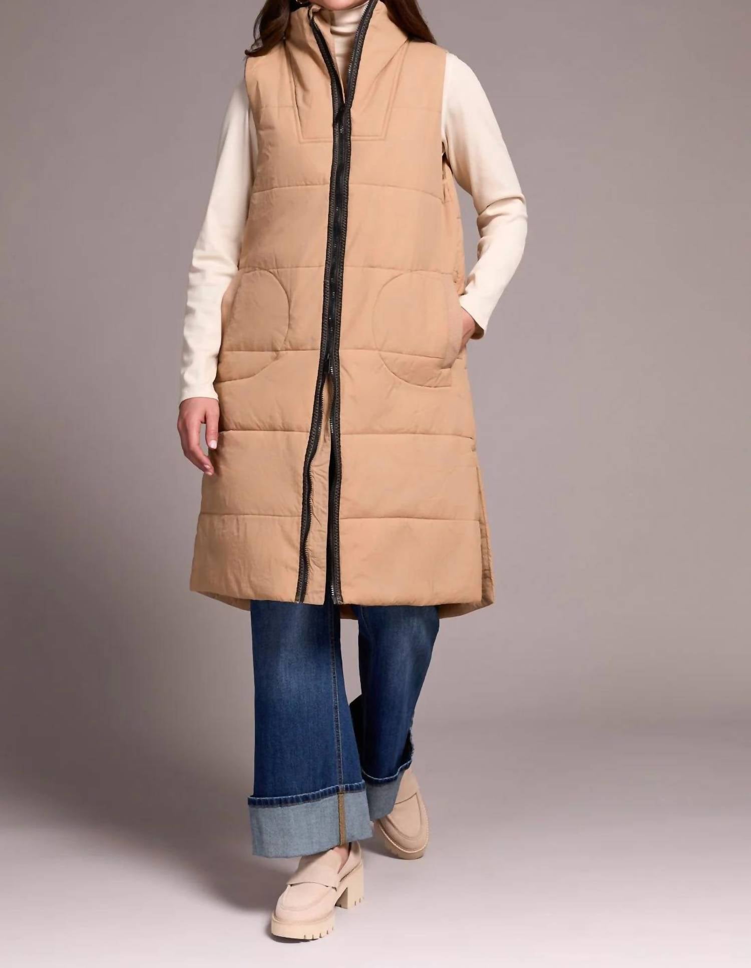 TRIBAL Denver Long Quilted Vest in cream - women's jacket - detail view