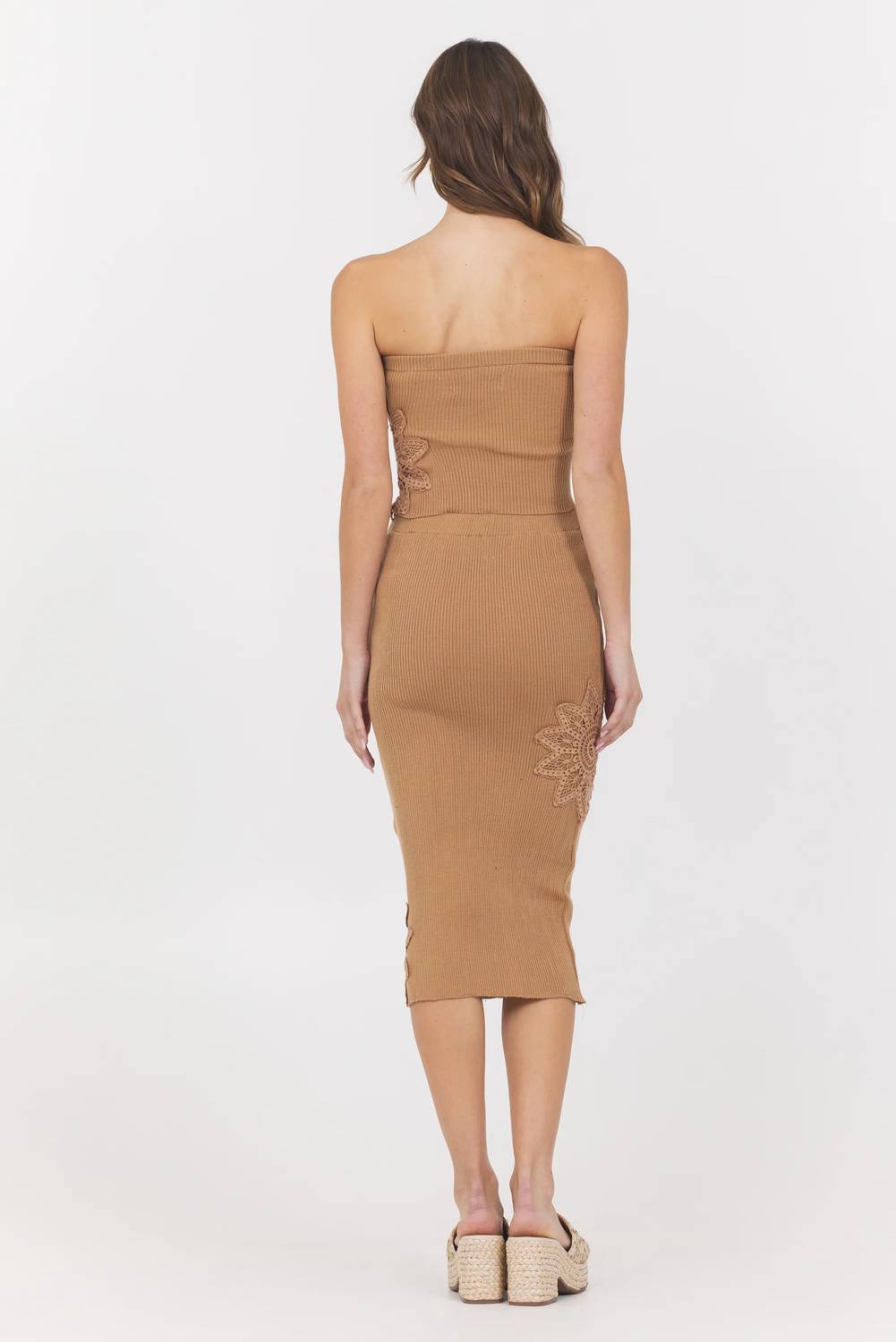 Vintage Havana - Crochet Floral Rib Tube Top And Midi Skirt Set