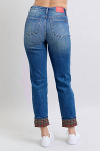 Judy Blue - Mid-rise Plaid Print Cuff Boyfriend Jeans