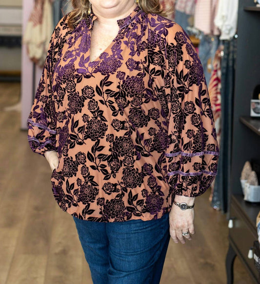 Umgee - Floral Velvet Burnout Blouse - Plus
