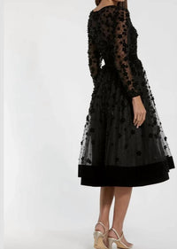 Mac Duggal - Embellished Long Sleeve Velvet Trim A-Line Midi Dress