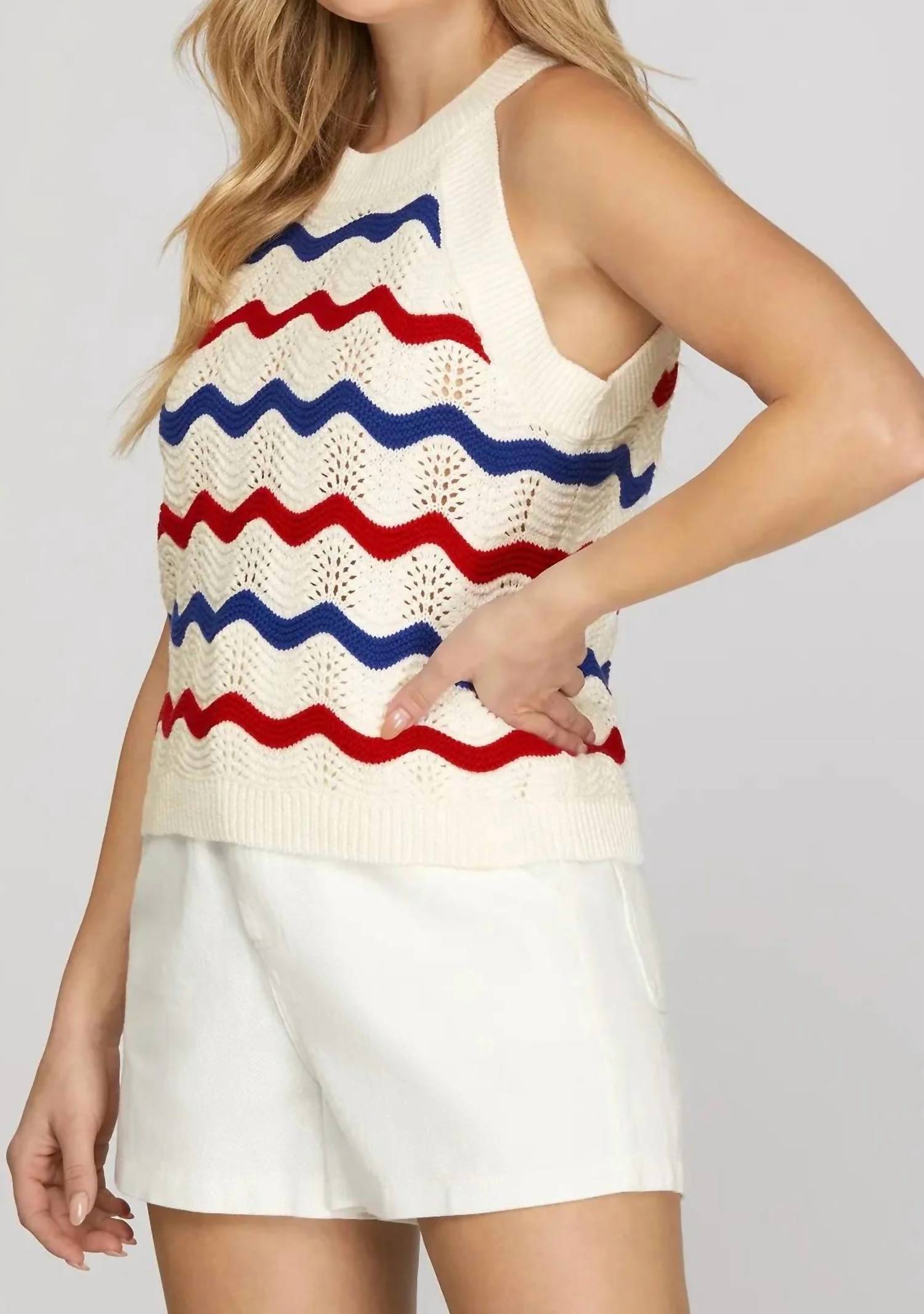 She + Sky - Wavy Stripe Halter Sweater Top