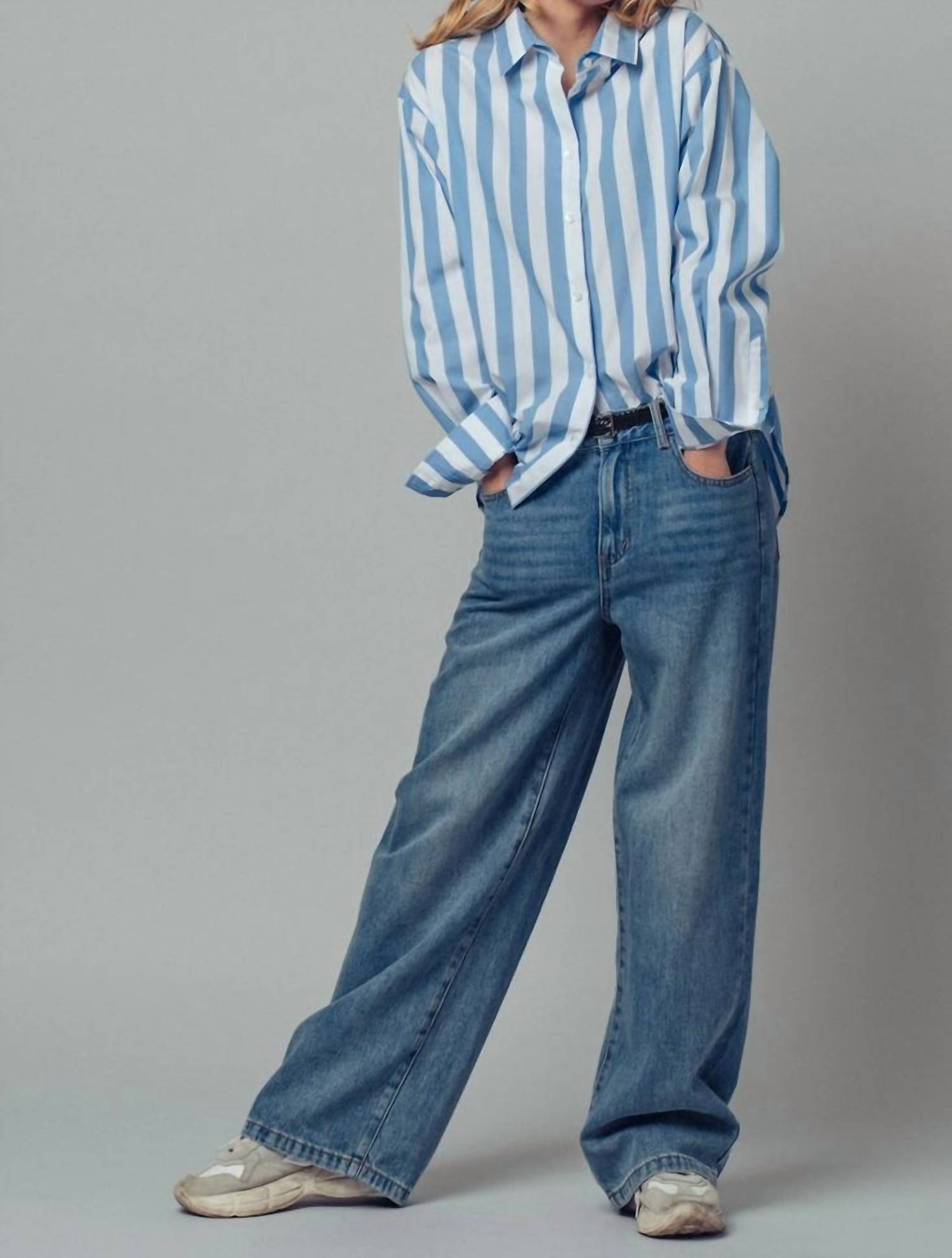Urban Daizy Oversized Stripe Button Down Collared Shirt in blue - women's long sleeve top - detail view