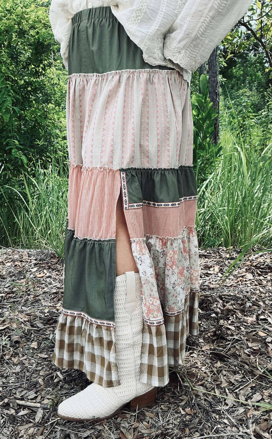 Easel - Patchwork Tiered Ruffle Maxi Skirt